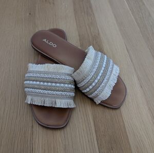 ALDO Women's Tan Fringe Slide Sandals